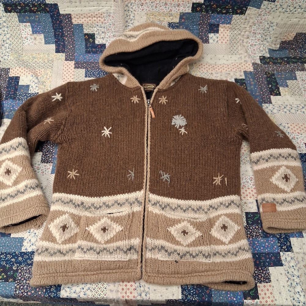 Kyber Outerwear Wool Hooded Sweater Jacket Large Brown Fleece Lined Full Zip